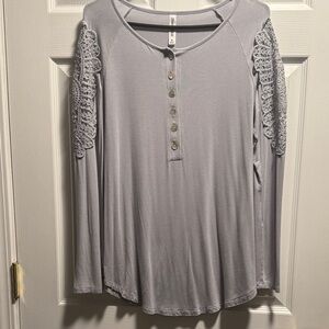 Zenana Outfitters Light Gray Crochet-Shoulder Henley